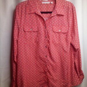 Notations Blouse L Button Up Long Sleeve Polka Dot Red White